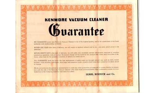 Original Kenmore Vacuum Guarantee Sears Roebuck Ephemera 1950s