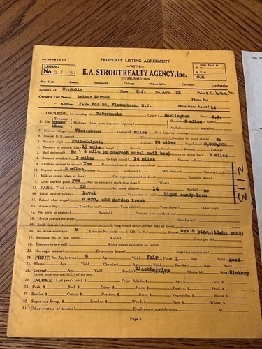 E.A. Strout Realty NJ Property Listing 1936 Burlington Co. Letter & Farm Land