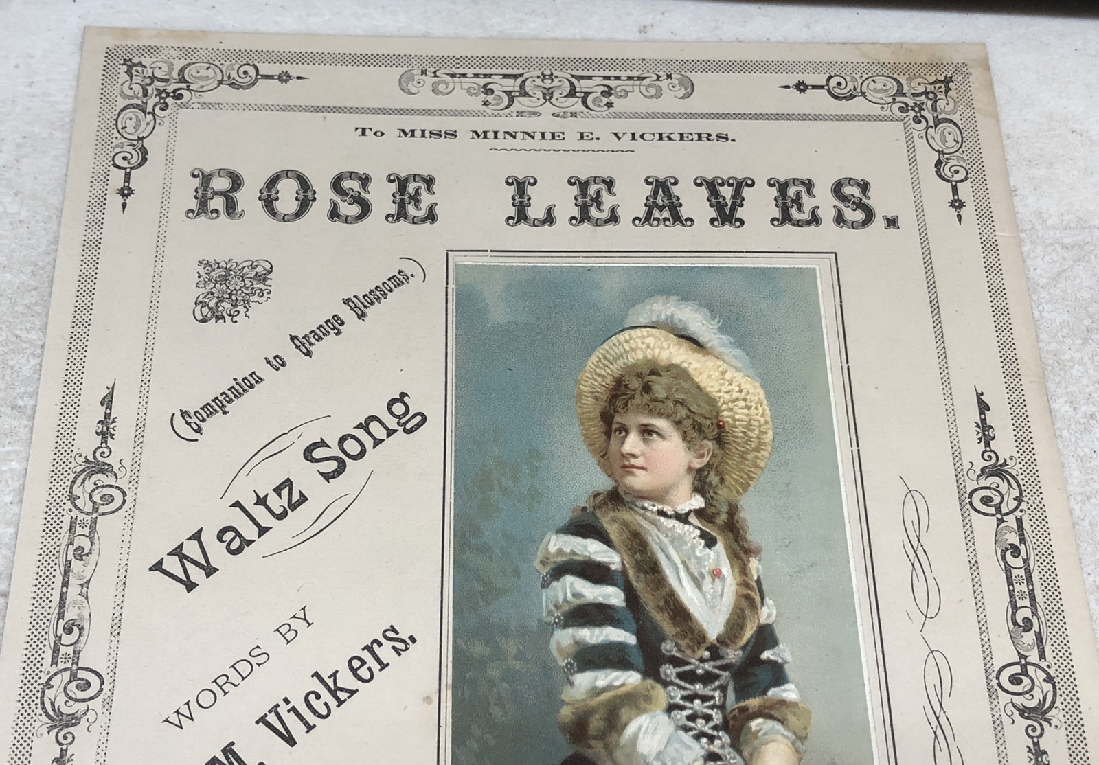 Antique c1882 Music Sheet Opera Cover Print w/ Color Print ROSE LEAVES – L6