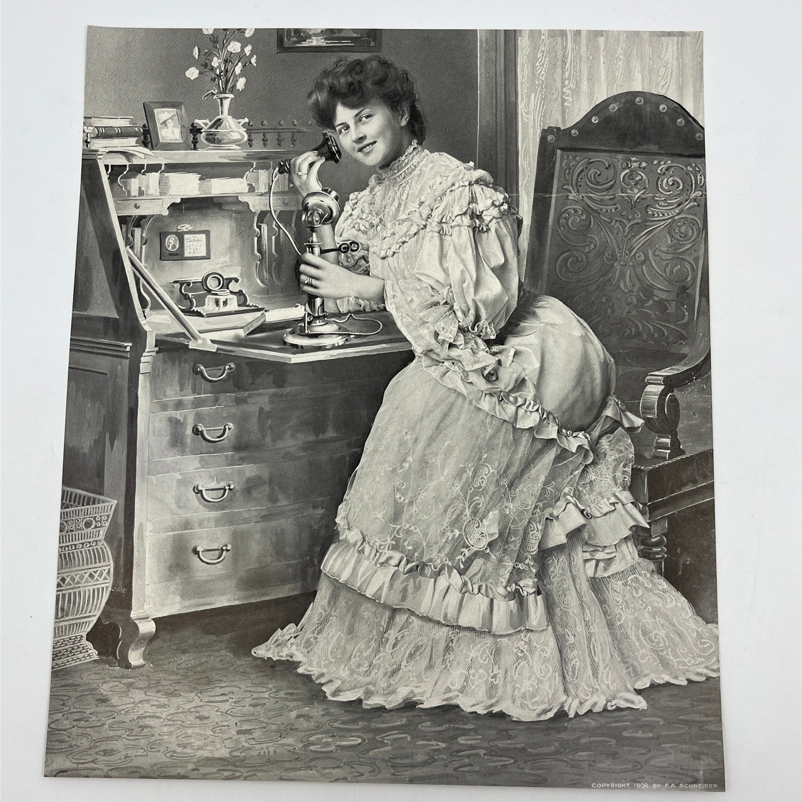 1908 Photo Print Victorian Lady Using Candlestick Phone F.A. Schneider ~9×11 FL5