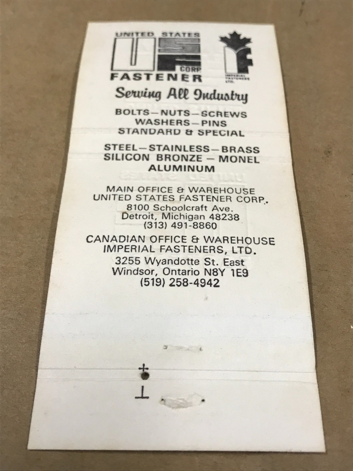 Vintage United States Fastener Corp. – Matchcover, Matchbook
