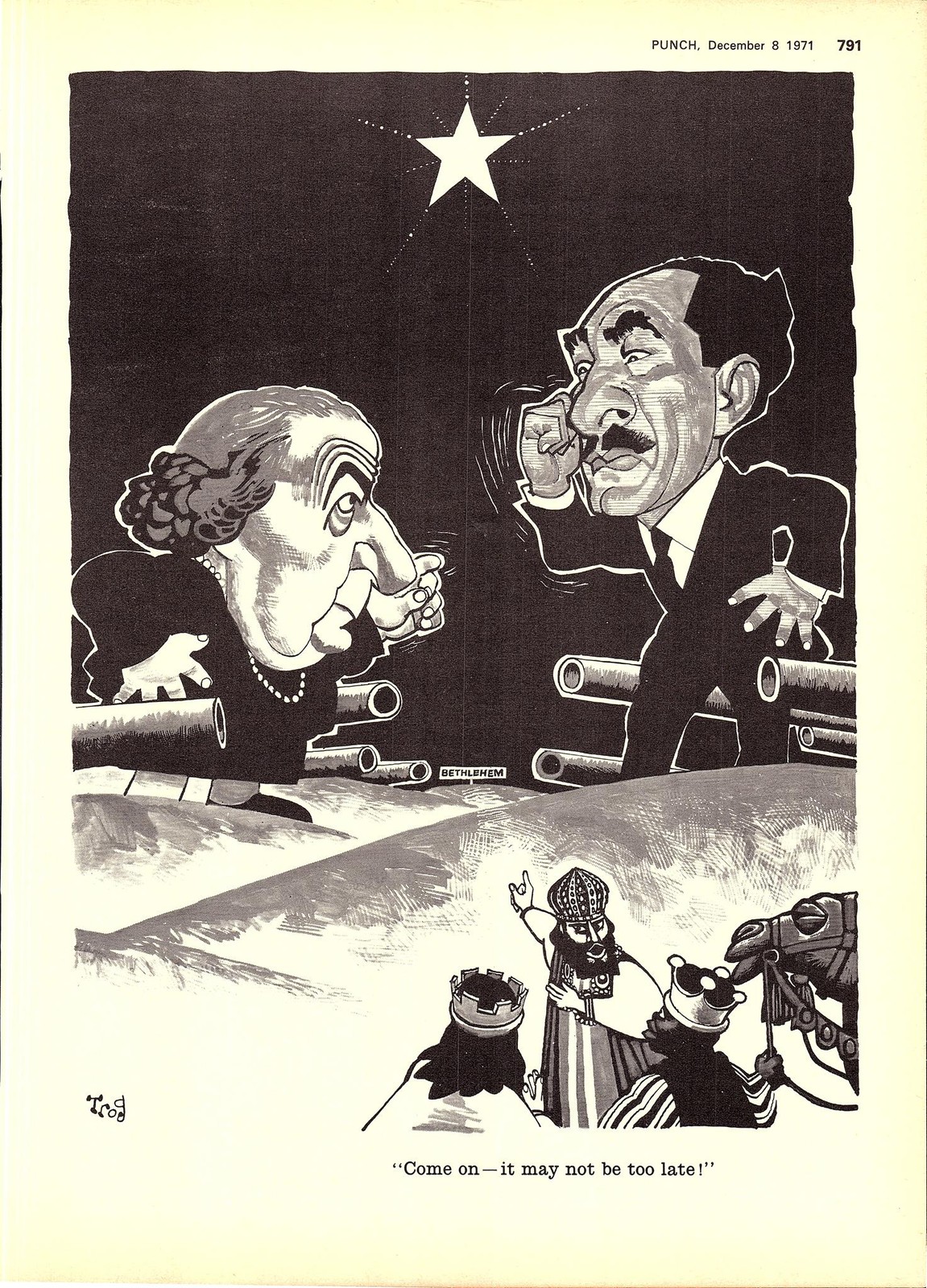 Original 1971 Punch TROG Cartoon Print Golda Meir & Sadat ‘May Not be too Late”