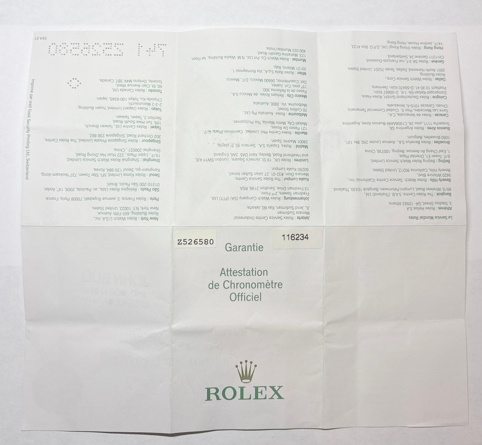 Rolex 116234 Datejust Warranty Certificate Guarantee 2000s Z Serial Cert Genuine