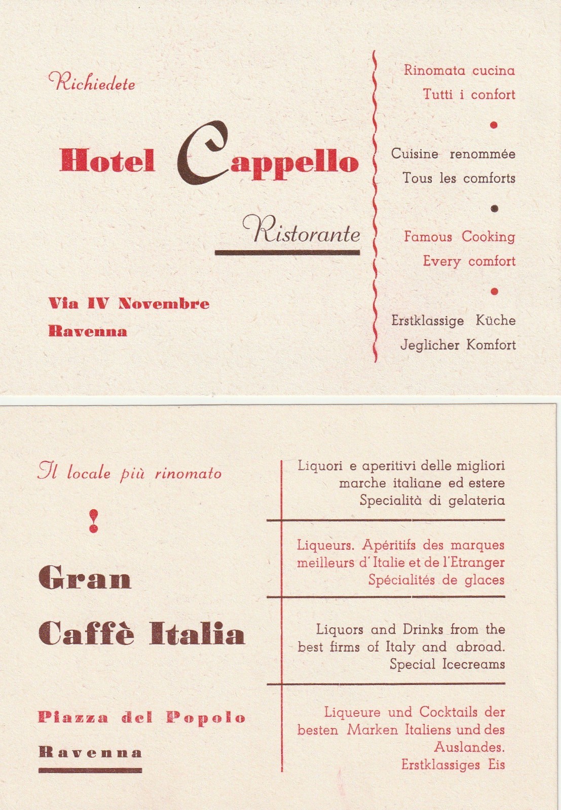 1949 BROCHURE – HOTEL CAPPELLO ITALY – MAP – INSERTS – ROOM PHOTOS – RESTAURANT