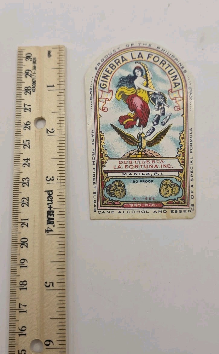 Philippines Vintage Ginebra Gin 1930s Bottles Label “Ginebra La Fortuna.” 1piece