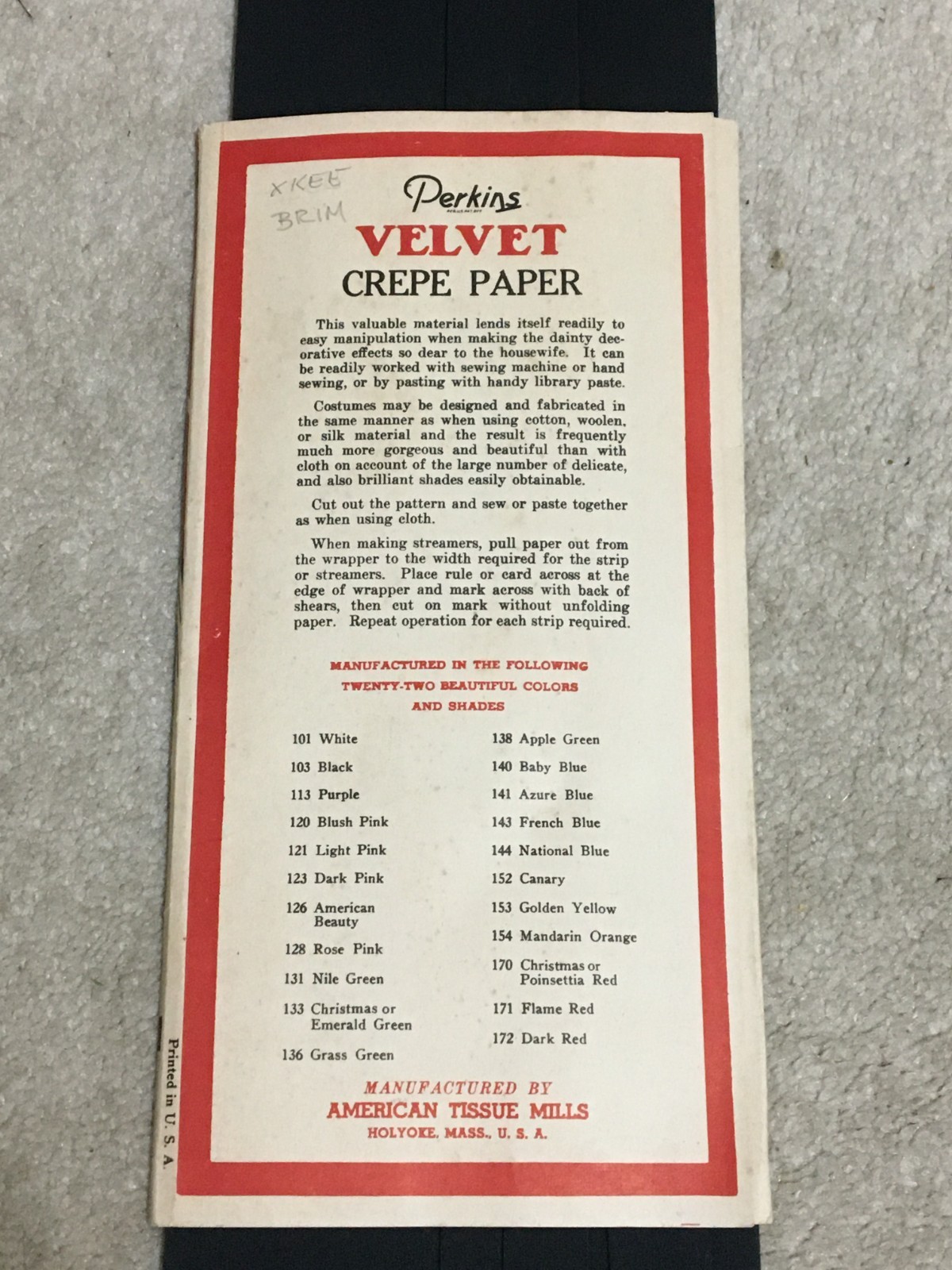 Vintage c1930’s VELVET brand Crepe Paper by PERKINS #103 Black 9 feet x 20″