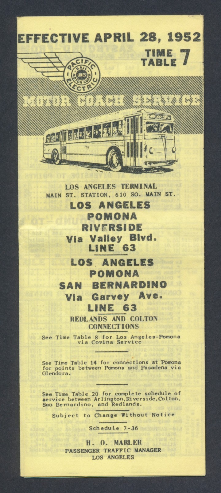 1952 Pacific Electric Lines Motor Coach Service Time Table Los Angeles Pomona CA