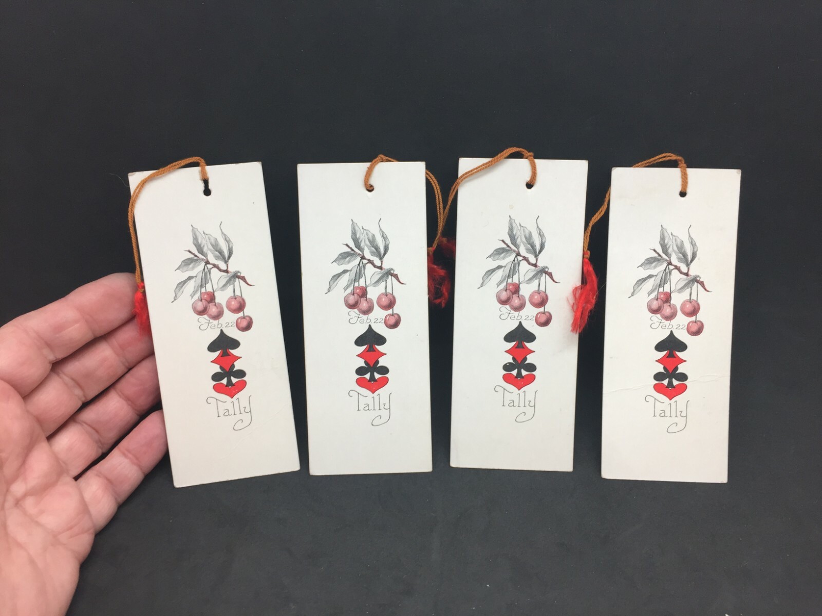 Bridge Cards Game Tally Card Lot 4 Vintage 5″x2″ Cherry Cherries Tassel Cord