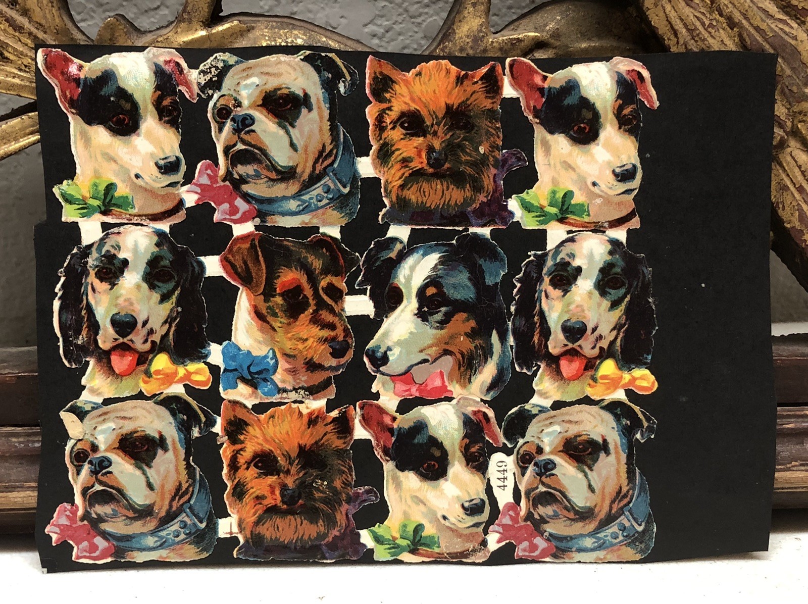 Victorian Die Cut Many Animals Scraps Glued on Paper Double Sided Dogs + L19