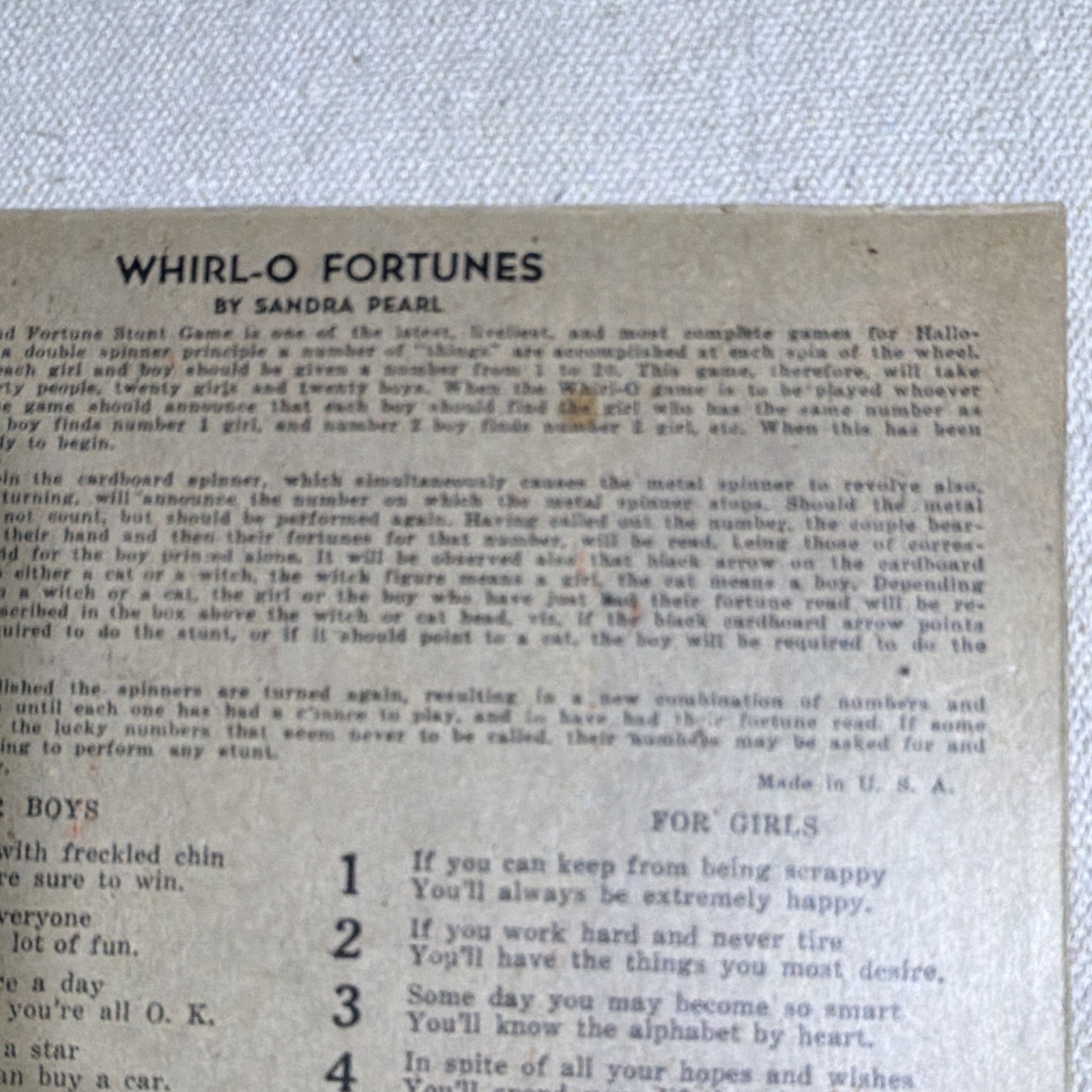 Halloween Fortune & Stunt Game “Whirl-O Fortunes” by Sandra Pearl Paper Sheet