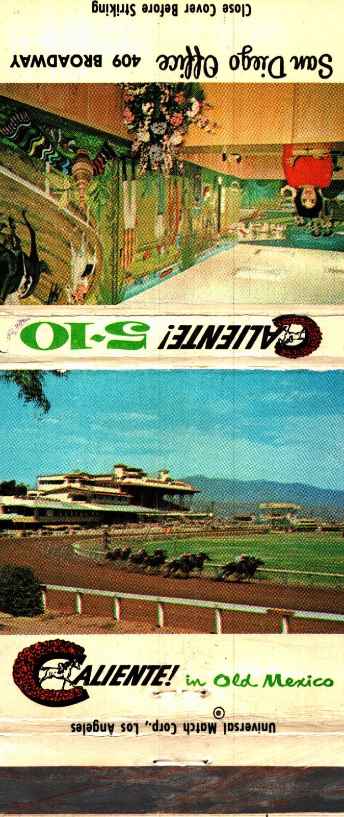 Caliente Old Mexico Dog/Horse Racing Bookie San Diego Office Matchbook Cover