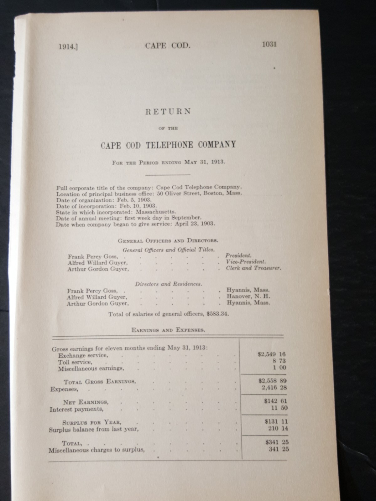 1913 report CAPE COD TELEPHONE COMPANY Massachusetts Frank Percy Goss A. Guyer