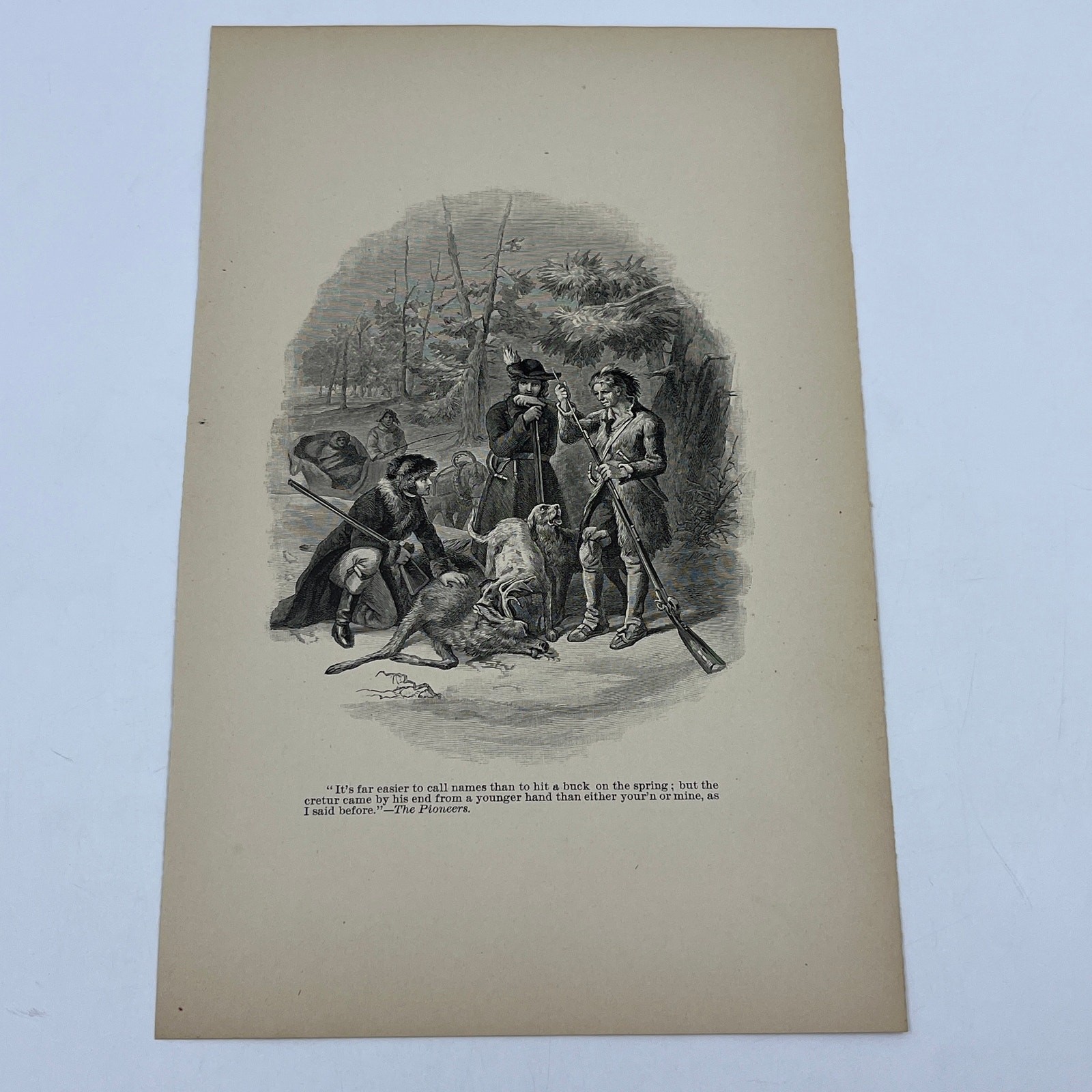 1880s Original Art Engraving – The Pioneers – Colonial Hunting Scene AC8