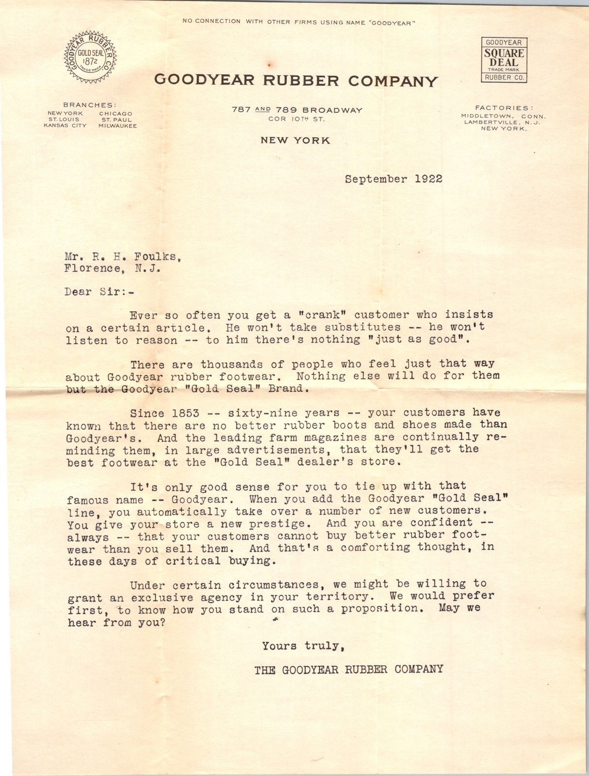 1922 Goodyear Rubber Co Business Letter Gold Seal Square Deal NY