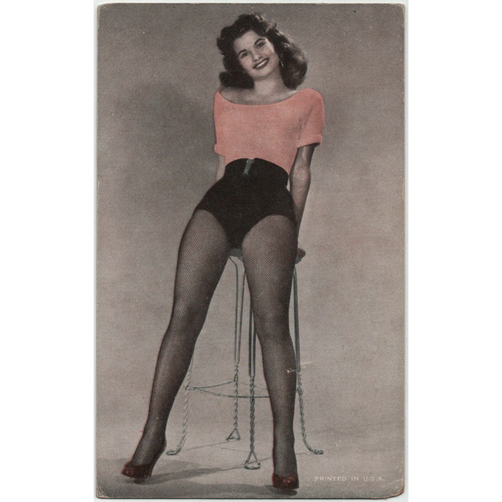 Pin-Up Lady 1950s Exhibit Arcade Card Old Art Pink Color USA Black Stockings VTG