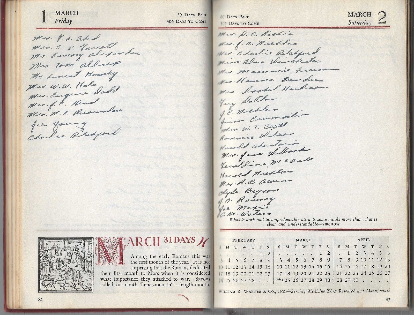 1946 WARNER’S CALENDAR OF MEDICAL HISTORY For The Use Of The Medical Profession