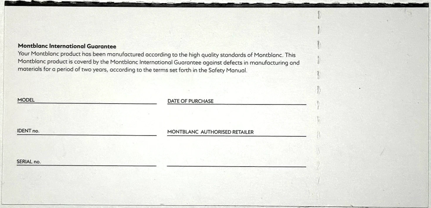 MontBlanc Cert Swiss Watch 2-Year International Warranty Guarantee Certificate
