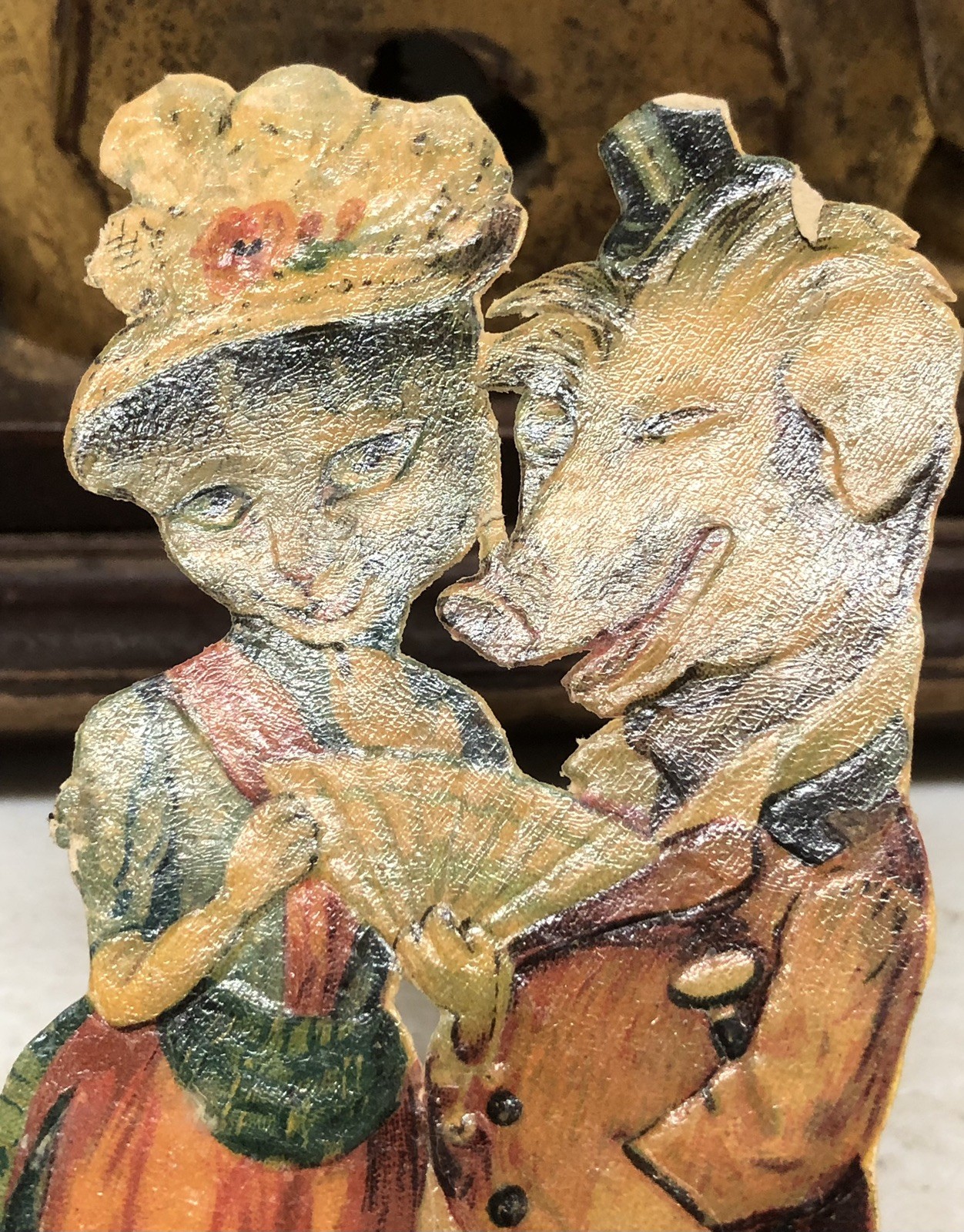 Die Cut Scrap of a Cat & Pig Humorous Couple In Human Clothing – L12