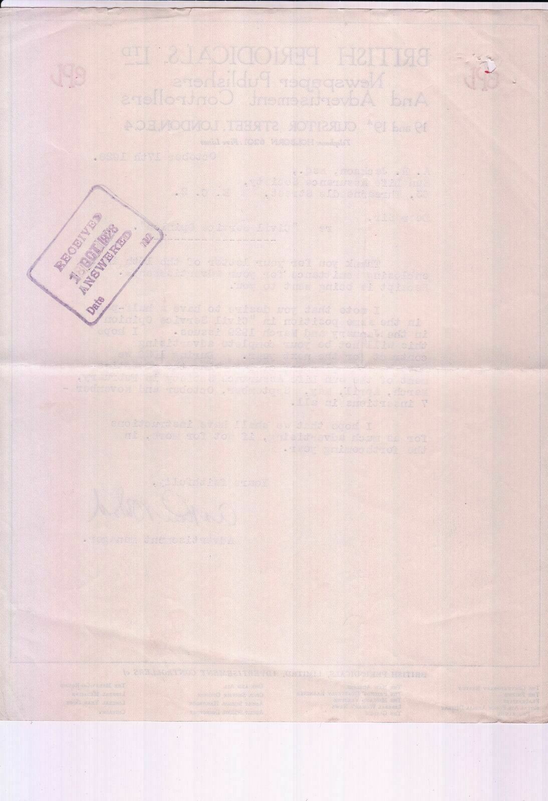 BRITISH PERIODICALS LTD, Logo London 1928 Newspaper Publishers Letter Ref 47885