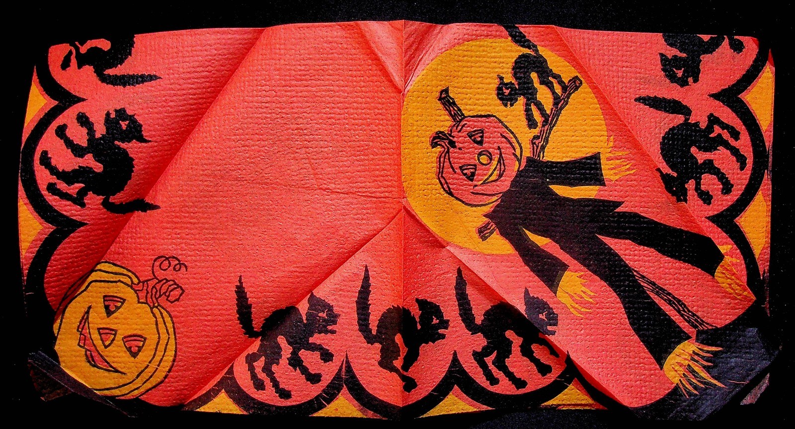 Halloween Crepe Paper Napkin JOL Black Cat Owl Jack O Lantern 1930s