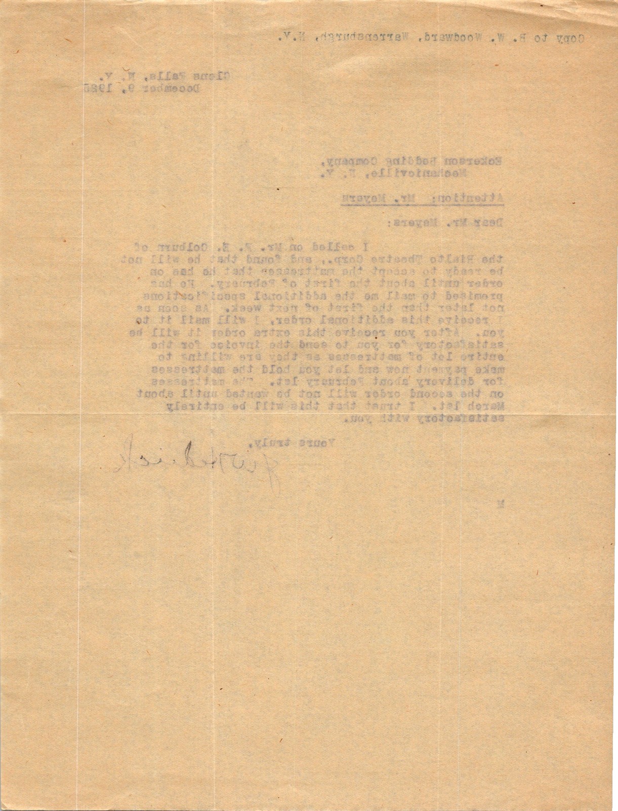 1925 Eckerson Bedding Co Letter J.W. Hedrick Rialto Theatre Corp Mattress