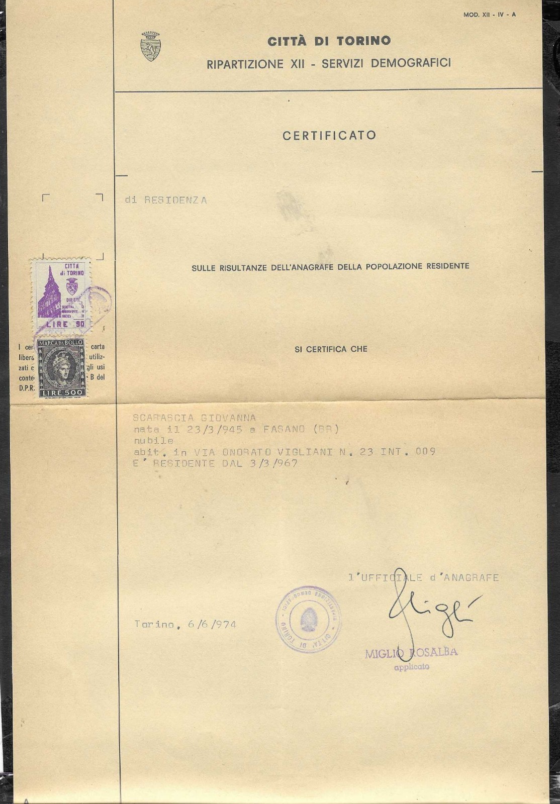 Italy Turin residency certificate
