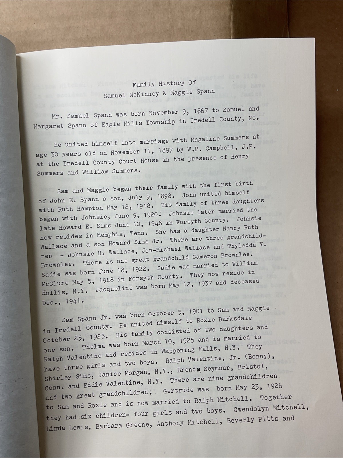 1991 Family Reunion Samuel Spann Family History & Family Tree North Carolina B65