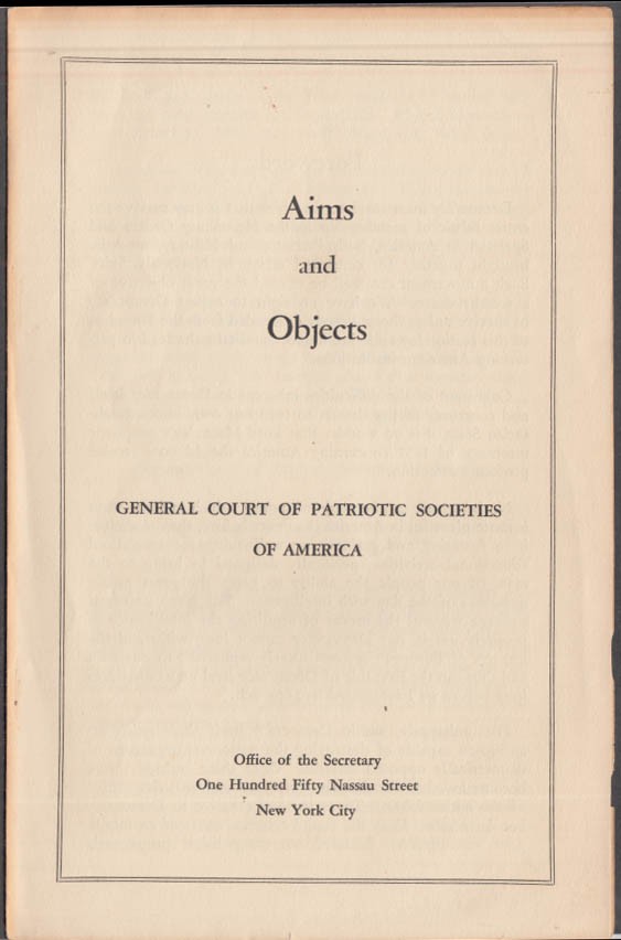 General Court of Patriotic Societies of America Aims & Objects folder 1937