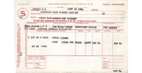 NY S & W RR Cashier Memo 1964 Coal Shipment NJ & PA Railroadiana Paperwork