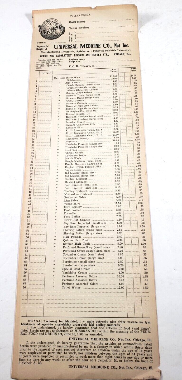 UNIVERSAL MEDICINE COMPANY Order Form Toiletries Chicago Vtg Early 1900 Ephemera
