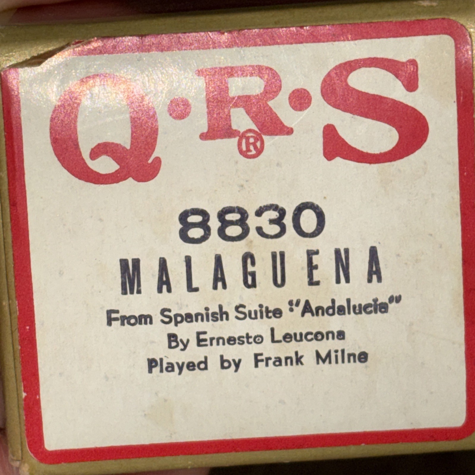 QRS Instrumental Lecuona MALAGUENA Frank Milne 8830 Original Player Piano Roll