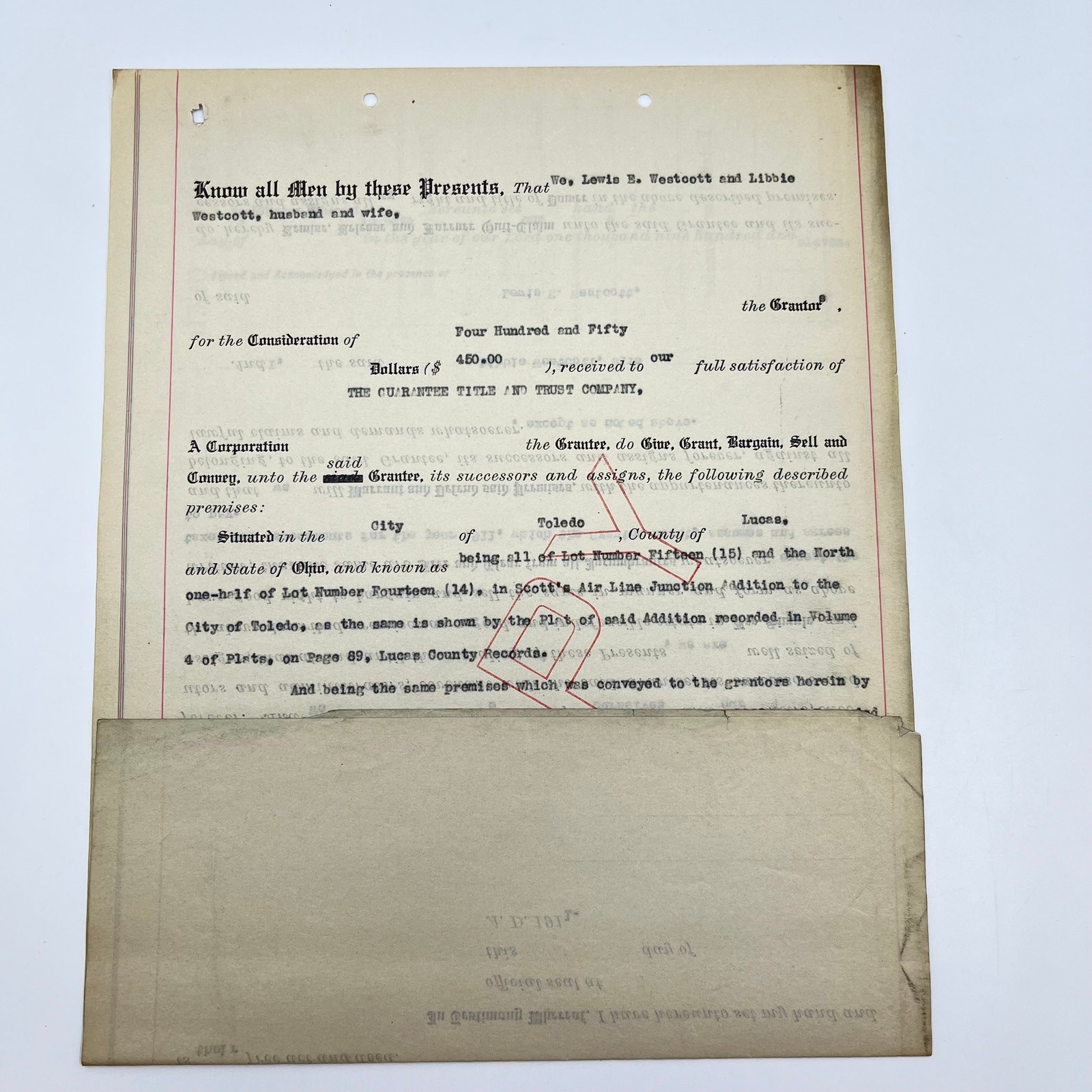 c1910 Lewis E. & Libby Wescott Land Deed Document Toledo OH AB2
