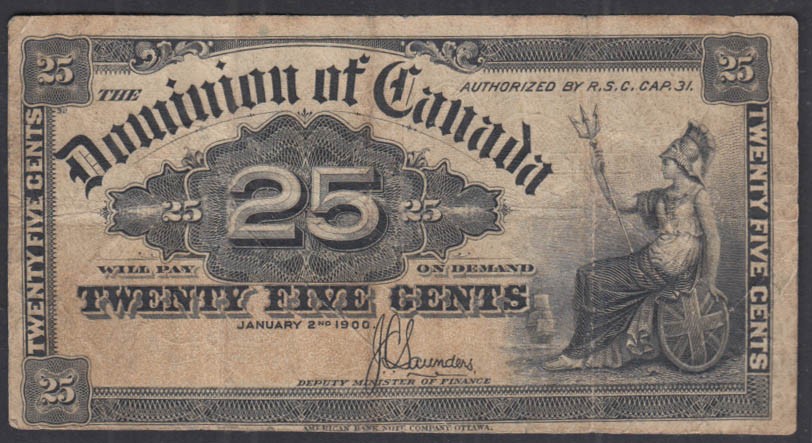 Dominion of Canada 25¢ twenty-five cents banknote 1/2 1900 well circulated