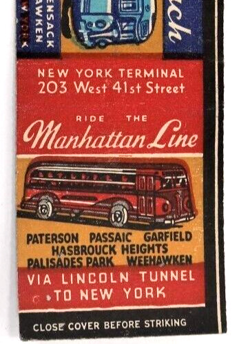 Vintage New York Bus Lines Matchbook Cover Blue Coach & Manhattan Line 1940s