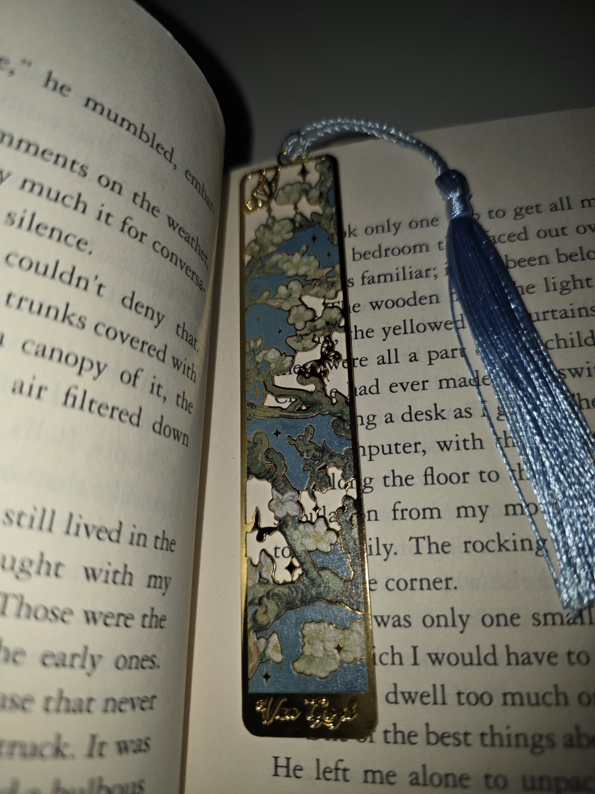 Van Gogh Inspired Blue White Floral Metal Bookmark with Blue Tassel