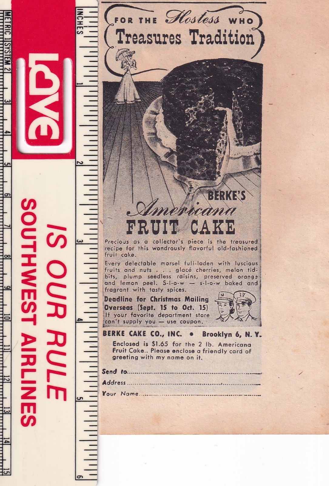 Berke Cake Co Brooklyn NY 1944 Vtg Print Ad 2″x5″ Americana Fruit Cake