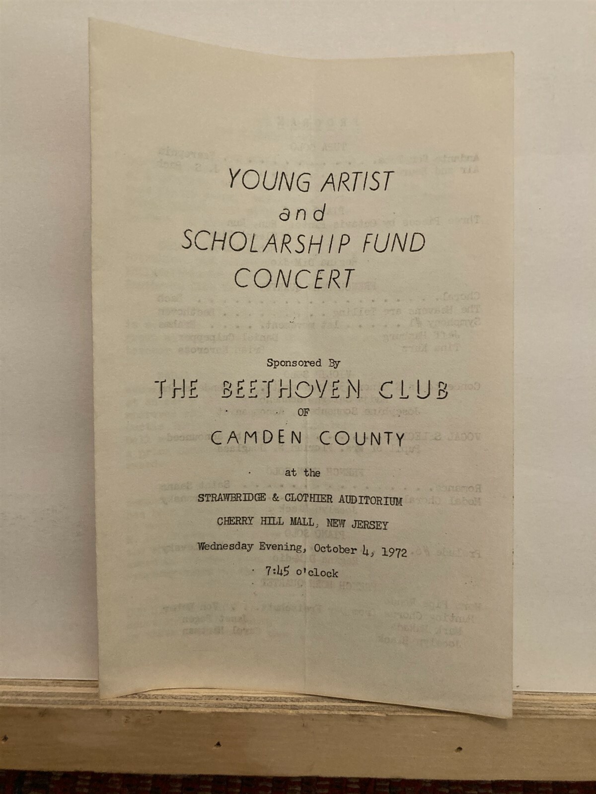 1972 Beethoven Club of Camden Cherry Hill Mall Concert Program New Jersey NJ Vtg