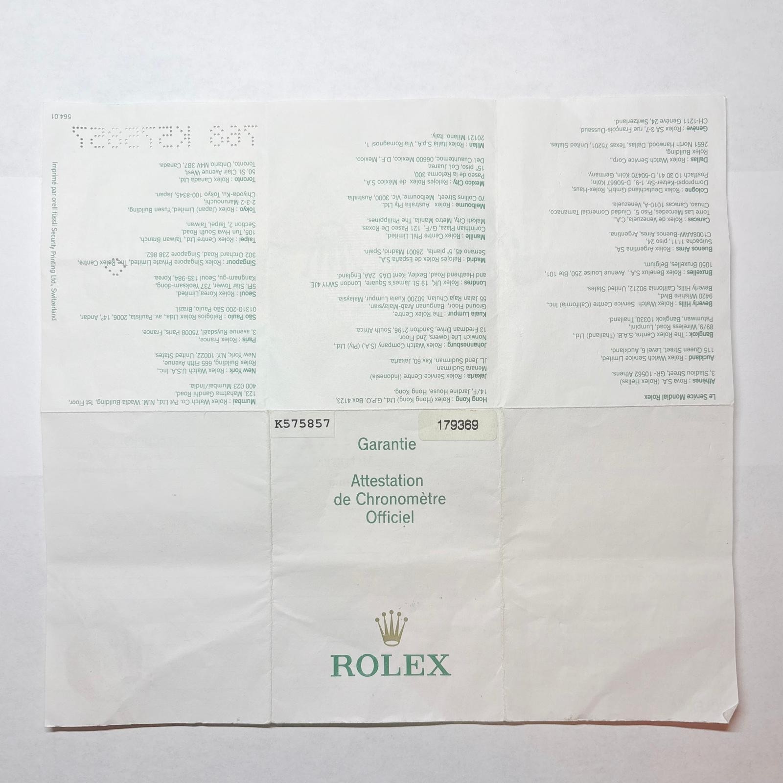 Rolex 179369 President Lady-Datejust Warranty Certificate 2000s K Serial Cert