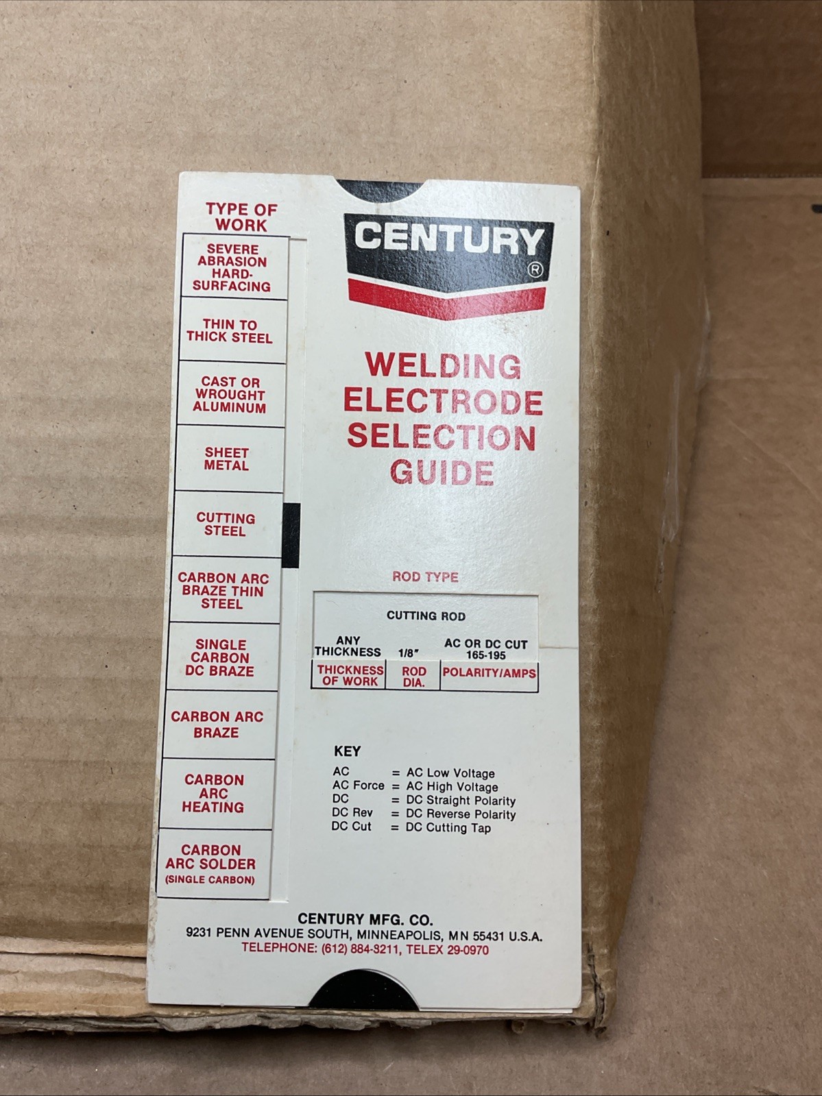 1982 Century WELDING ELECTRODE SELECTION GUIDE Card B70