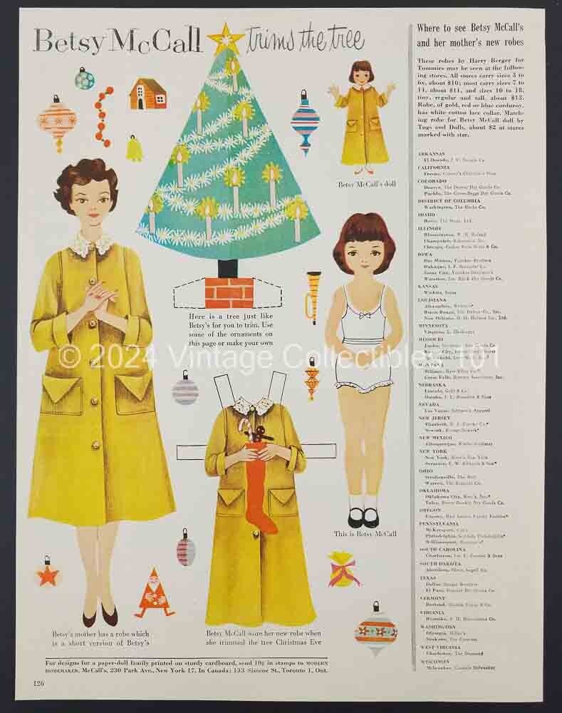 1954 Betsy McCall Trims The Tree Christmas Paper Doll art decor vintage print ad