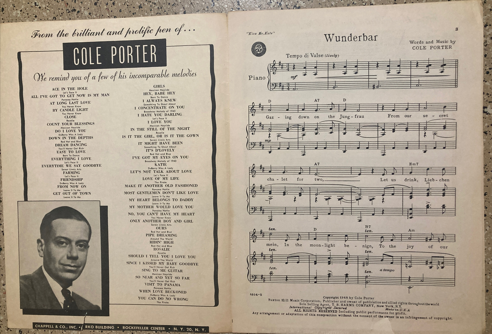 VINTAGE SHEET MUSIC 1948 WUNDERBAR KISS ME KATE COLE PORTER MUSICAL COMEDY