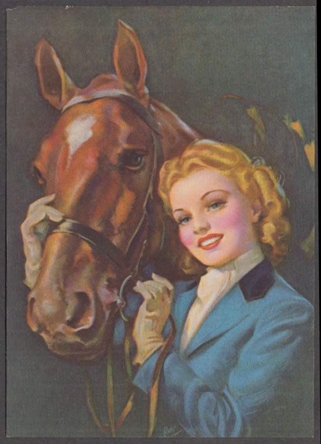 Pretty blonde girl with thoroughbred horse calendar print by Roy ca 1940s