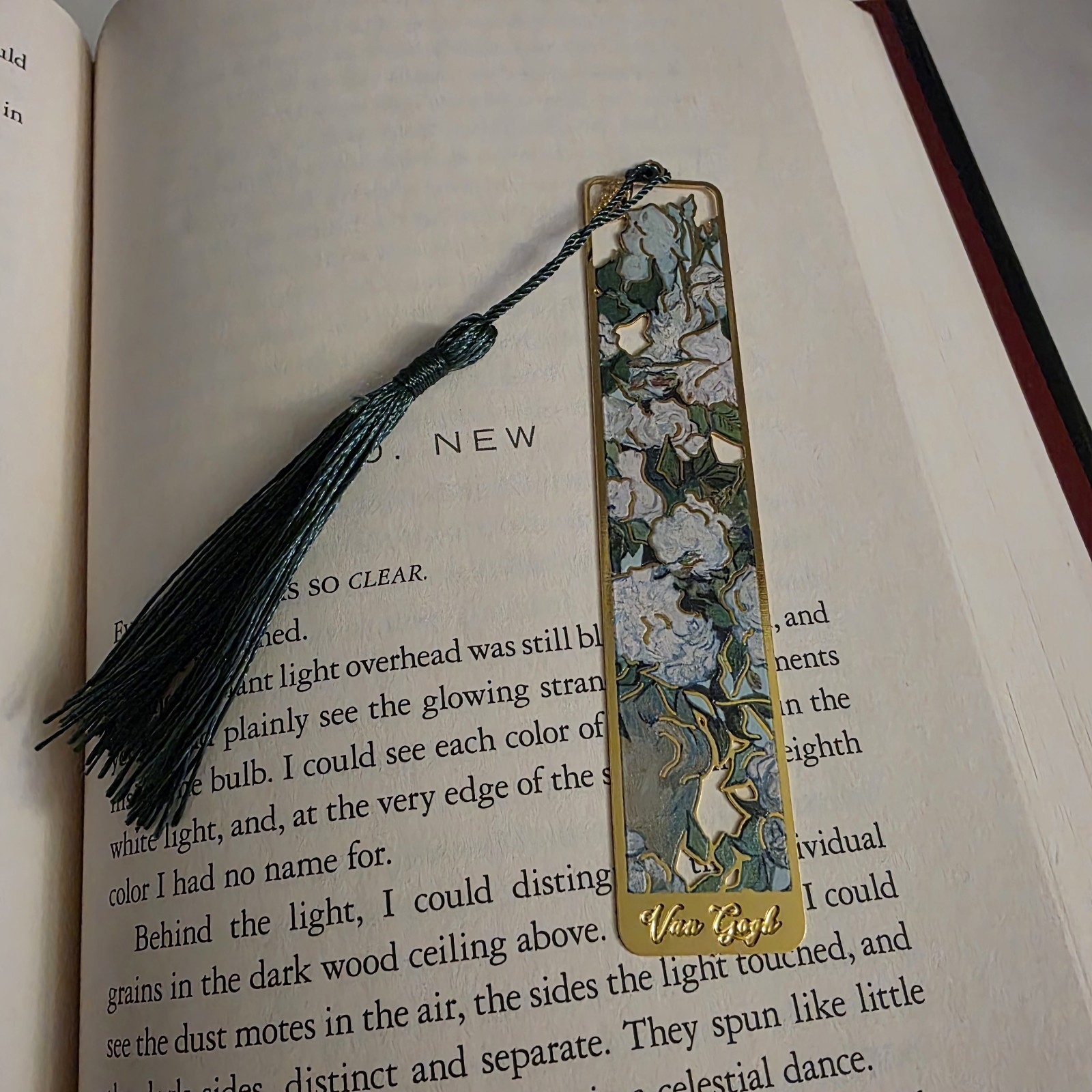 Van Gogh Floral Metal Bookmark with Tassel, Green Gold White Art Rectangle