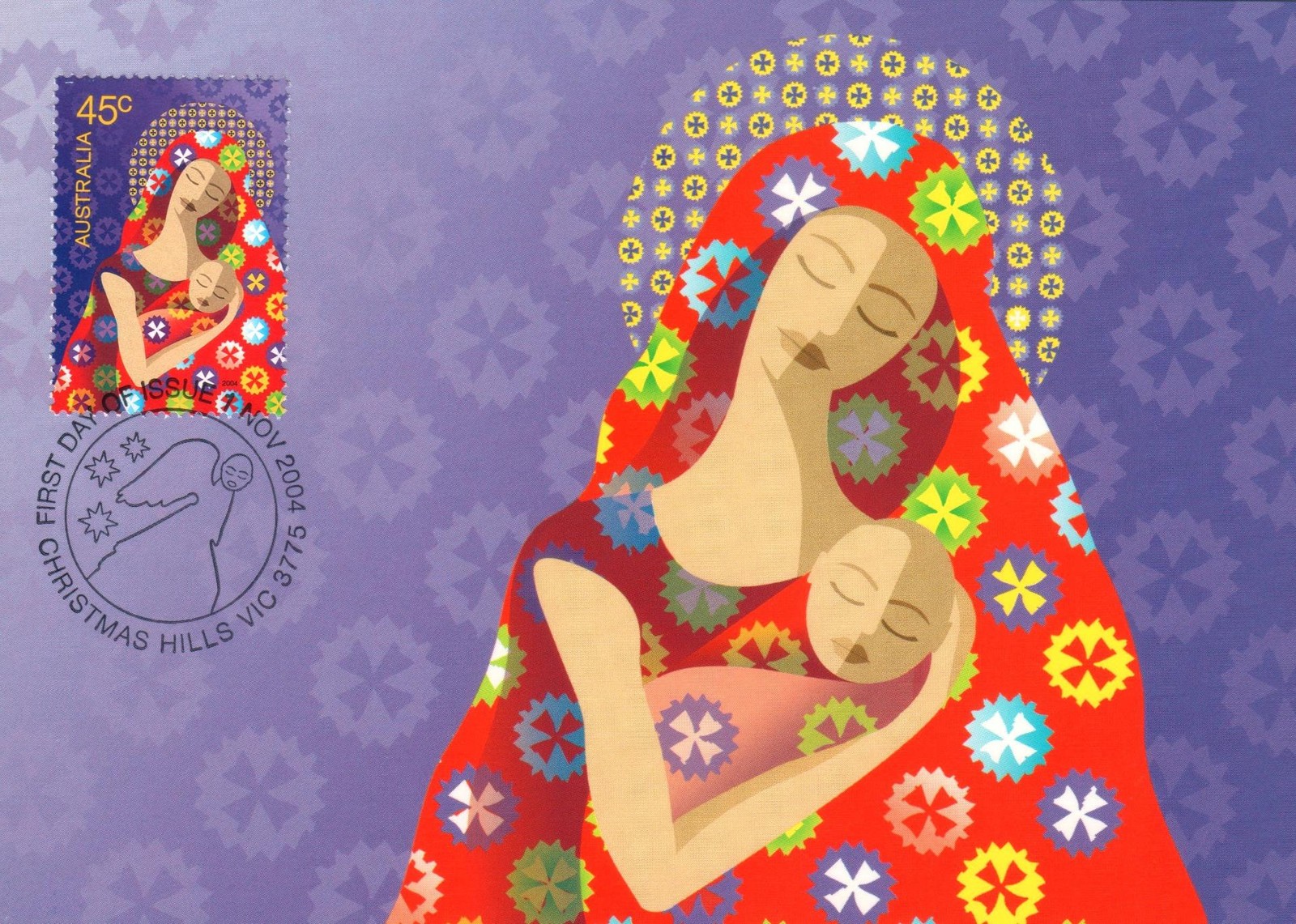 2004 Virgin Mary & Jesus POSTCARD Maxicard FDI 45c Stamp Cancel Christmas Hills