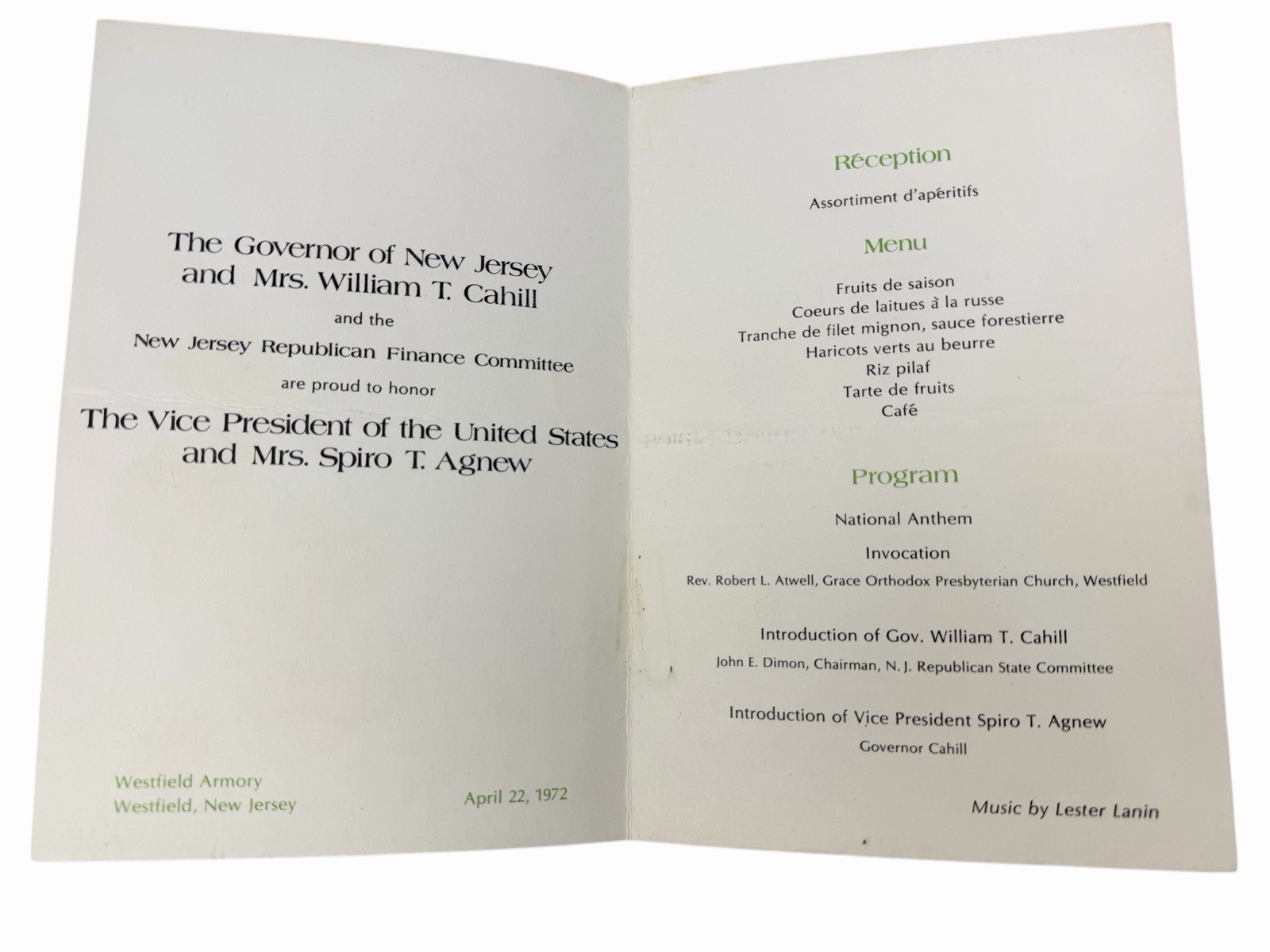 1974 NJ Republican Committee VICE PRESIDENT SPIRO AGNEW Dinner Program Menu