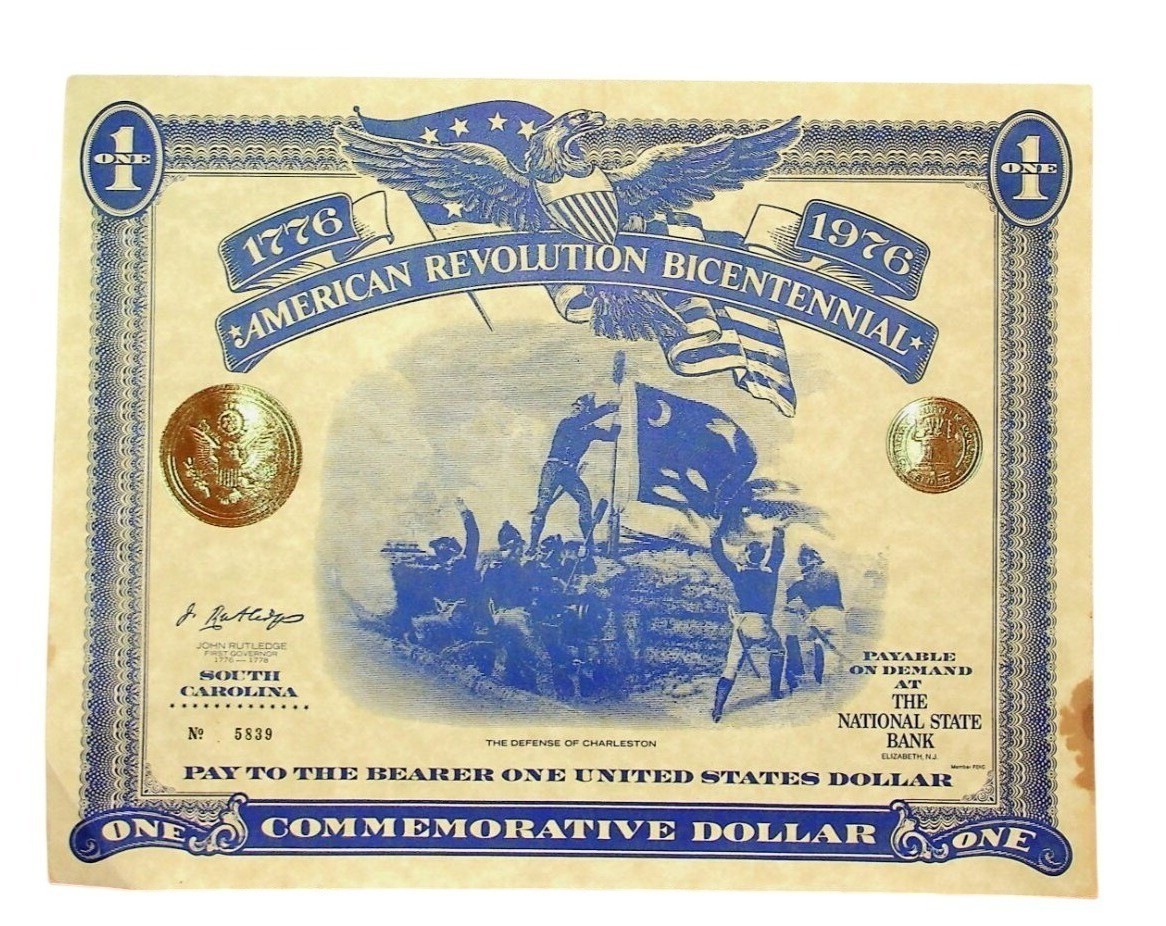 2-1776 American Revolution Bicentennial One Dollar Commemorative Note Blue/Gold
