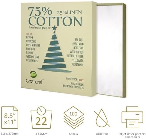 75% Cotton 25% Linen Business Paper, Ivory 85gsm 8.5″W x 11″L Resume Paper, Won’