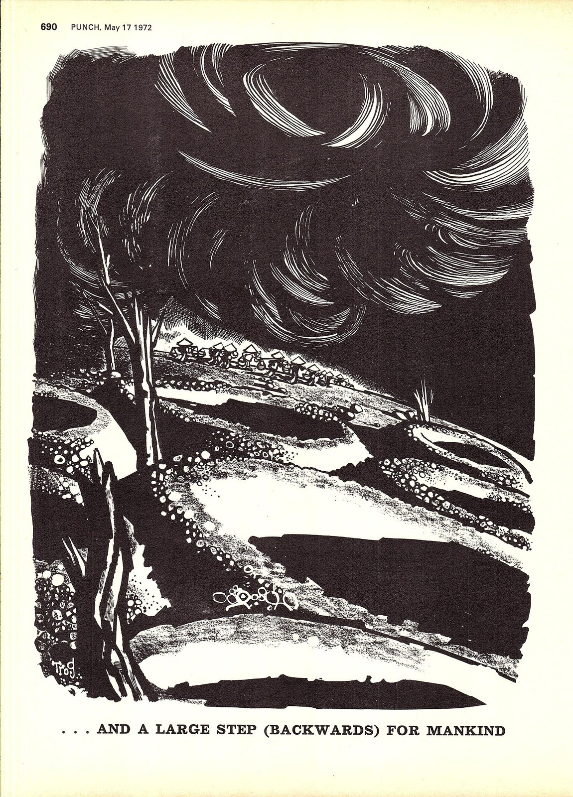1972 Punch TROG Cartoon Print “A Large Step (Backwards) for Mankind” Viet Nam