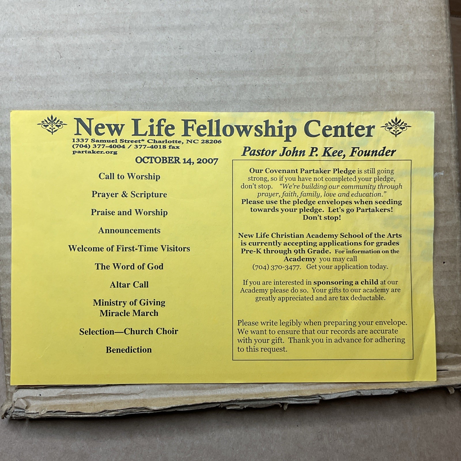 14 Oct 2007 New Life Fellowship Center Program Pastor Kee Charlotte Nc B68