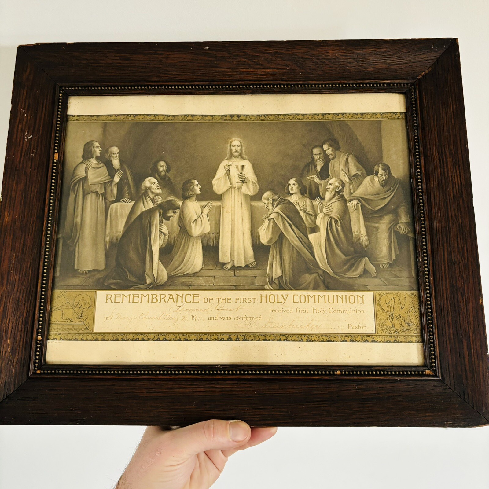 Antique 1900s 1911 First Holy Communion Certificate Quarter Sawn Wood Frame Vtg